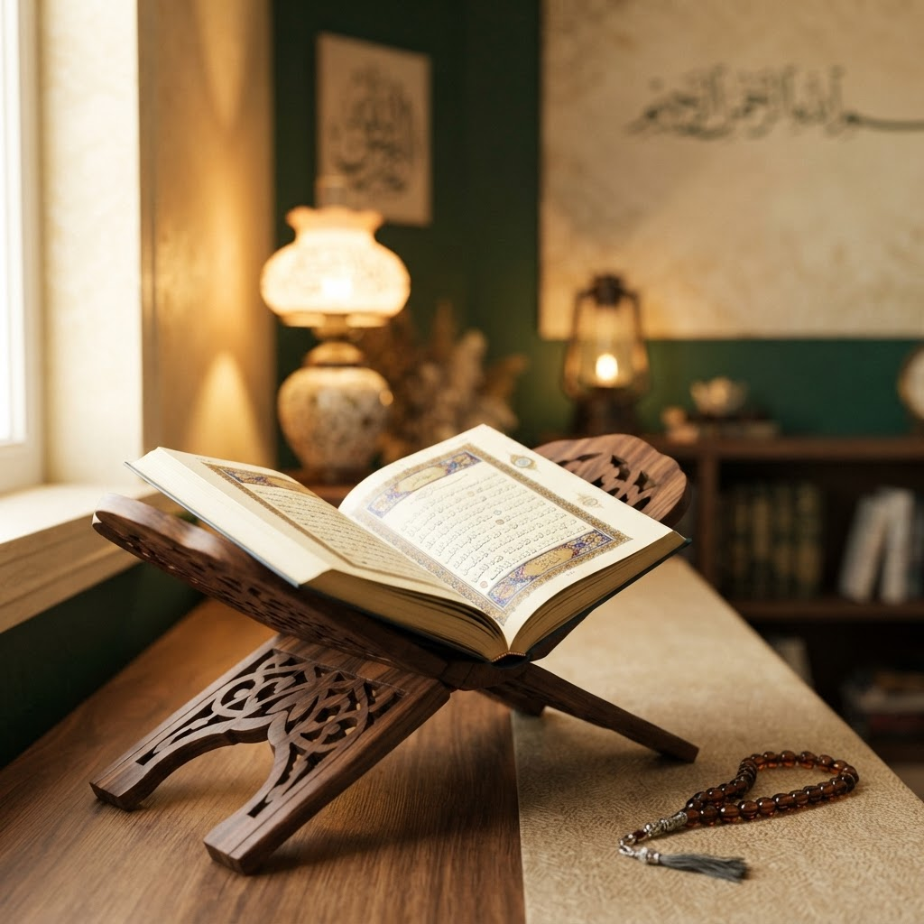 An open Quran on a wooden stand